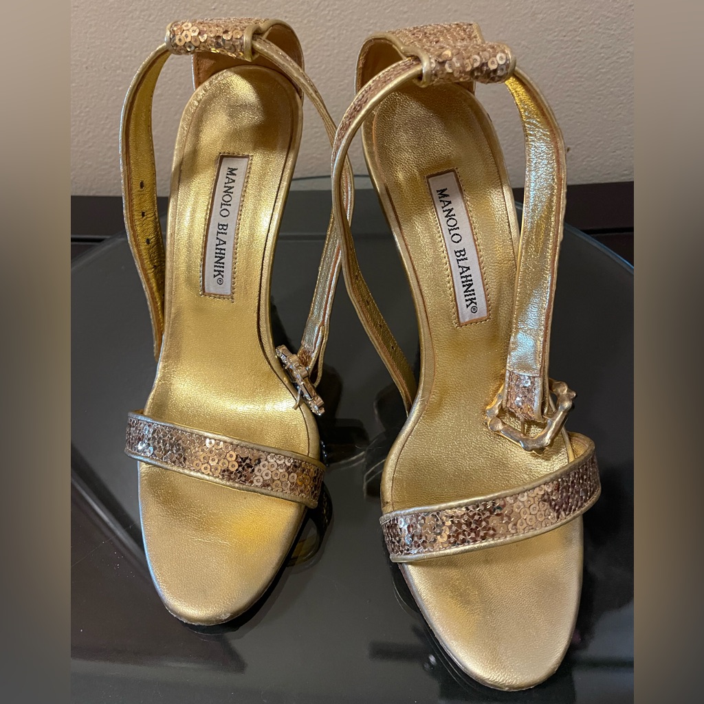Manolo Blahnik Eufidabo Chaos Gold Sequin Crystal Sandals Shoes 7 1/2b Pre-Owned